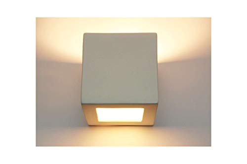 FKL DESIGN Home Deco Lámpara de pared de pared, lámpara de yeso, lámpara de yeso, cerámica, cubo blanco, con cristal adicional, para pintar superior, E27, para interior cúbico 1210