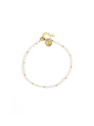 SINGULARU - Pulsera Pearls Dots - Pulsera en Latón con Acabado en Baño en Oro de 18Kt y Perlas Naturales - Talla Unica - Largo de cadena 19 cm - Joyas para Mujer