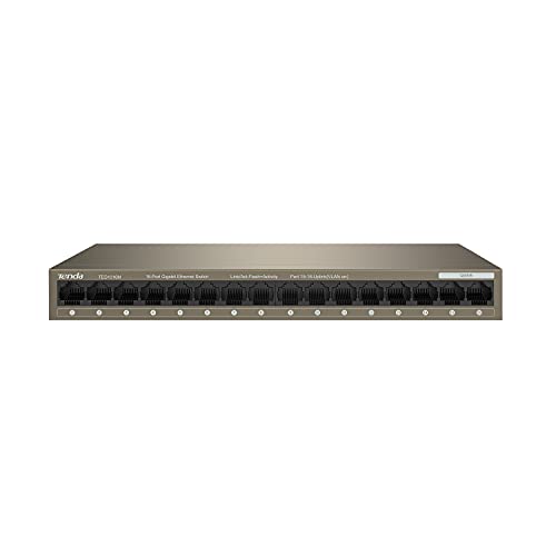 Tenda TEG1016M Switch Ethernet Gigabit, 16 Puerto 10/100/1000Mbps, Una Clave Vlan,Protección contra Rayos, Escritorio o de Montaje en Pared, Plug & Play, No Requiere Configuración, Silencio, Metal