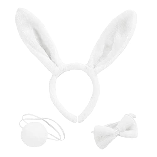 MIVAIUN 3 Piezas Conjunto de Disfraces de Animales Conjunto de Disfraces de Conejo Diadema de Orejas de Conejo Pajarita Cola de Conejo para Niños Adultos Halloween Pascua Fiesta (Blanco)