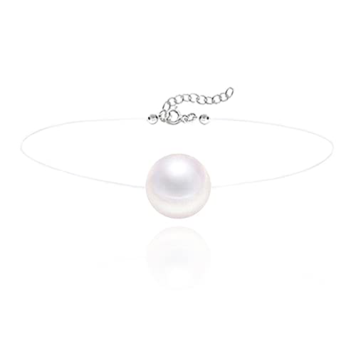 Pulsera invisible, perla blanca nacarada, plata 925 (hipoalergénica, sin níquel), estilo de hilo de pesca transparente
