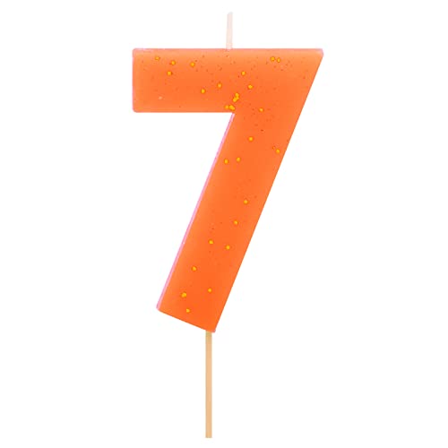 1 Unidad - Vela Fluor de Cumpleaños (número 7) Color Naranja con Efecto Glitter Dorado de 7,5 cm - Decoración para tartas, Cumpleaños, Aniversario de Bodas, Fiesta Graduación, velas para tartas.