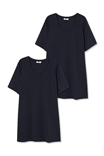 C&A Multipack de 2 camisetas para mujer de color liso con cuello de pico, para tallas grandes, azul oscuro, 62-64 grande