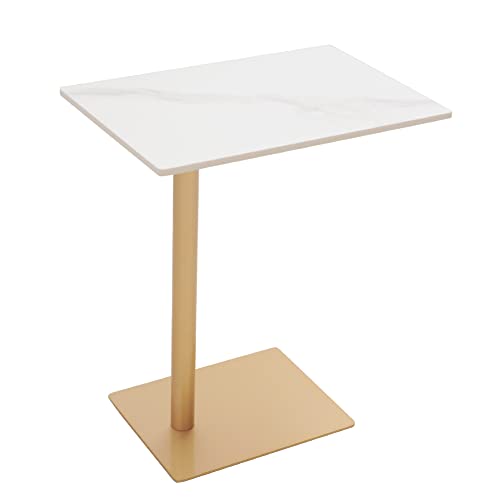 Cre Cra Mesa Auxiliar mármol,Mesa Lateral para Sofá,Mesas Auxiliar para Ordenador,Mesita Café,Metal,Mesa Auxiliar Forma de C,Mesitas Auxiliares de Salón,Dormitorio y Oficina,Mesita Blanco/Oro