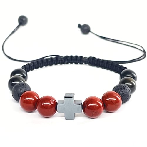 Julutha Pulsera piedras naturales. Pulsera Jaspe Rojo, Hematita, Lava Volcánica, Obsidiana y Ónix. Pulsera hecha a mano con cuentas de 8mm y cuenta de 10mm e hilo de nylon (Hematita)