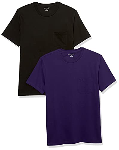 Amazon Essentials Camiseta con Bolsillo de Cuello a la Caja, Manga Corta y Ajuste Entallado Hombre, Pack de 2, Negro/Morado Oscuro, M