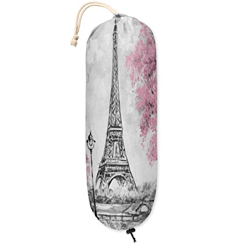 TropicalLife Soporte para bolsas de plástico rosa de la Torre Eiffel para montaje en pared, bolsas de plástico Francia, acuarela, compras, dispensadores para decoración del hogar, viajes, 1 paquete