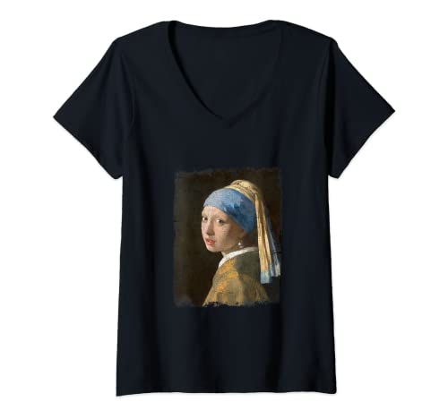 Mujer La joven de la perla de perla Pintura de Jan Vermeer Camiseta Cuello V