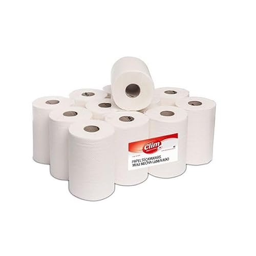 Clim Profesional - 12 Rollos de Papel Secamanos Tipo Mini Mecha Laminado de Doble Capa. Papel Gofrado Extra Absorbente para Tareas de Limpieza de Superficies. 100% Pura Celulosa Ecolabel. 60 mts