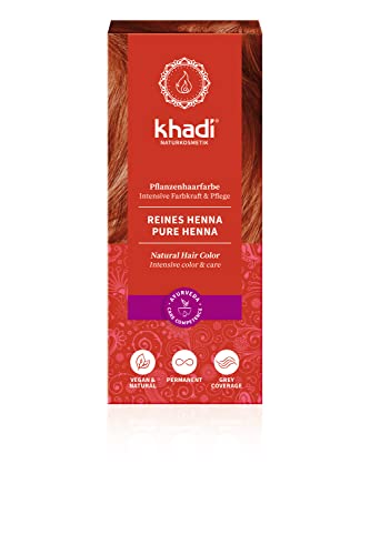 khadi PURE HENNA tinte vegetal, coloración capilar de rojo anaranjado excitante a rojo llama intensamente brillante, color natural 100% vegetales, natural y vegano, cosmética natural certificada 100g