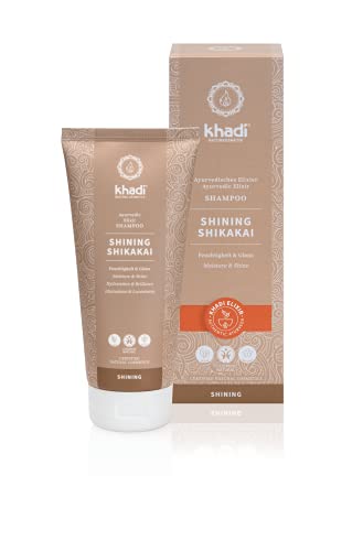 khadi SHINING SHIKAKAI Champú Ayurvédico, 100% naturales, veganos y sin silicona, Shikakai y Aloe Vera suaviza las puntas abiertas, brillo intenso e hidratación, Cosmética Natural Certificada, 200ml