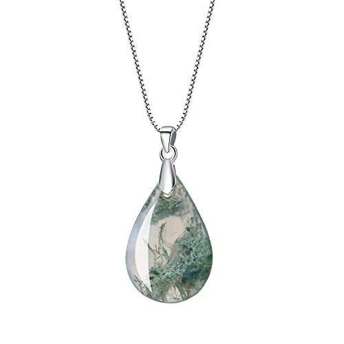 COAI Collar para Mujer de Plata 925 con Colgante Gota de Agua de Ágata Musgosa Verde Piedra Natural