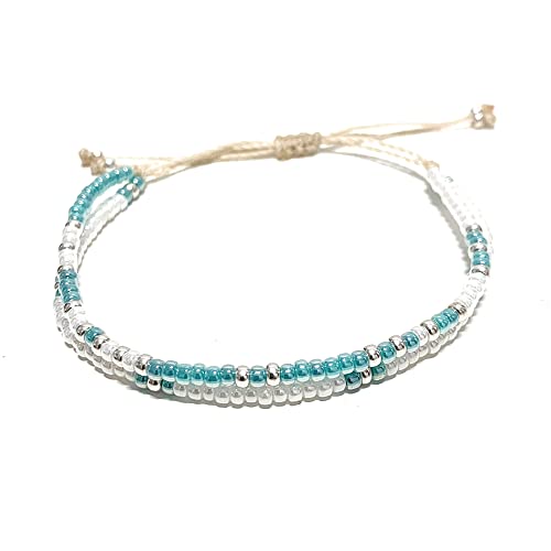 Zuri- Pulsera Boho Surfer de Cuentas de Cristal | Mujer | Hecha a Mano | Ajustable | Perlas Turquesa & Blanca | Pulseras Amistad | BR37