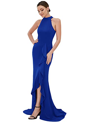 Ever-Pretty Vestido de Gala Largo para Mujer Abertura sin Mangas sin Hombros Escote Halter Elástico Elegantes Azul Zafiro L