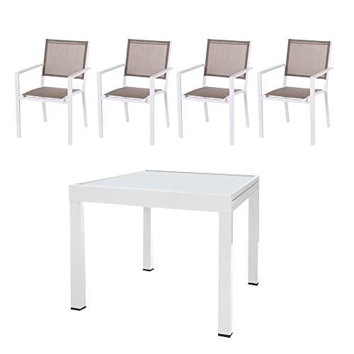 LOLAhome Conjunto de Mesa Extensible y 4 sillas de jardín Thais apilables Blanco y marrón de Aluminio, textileno y Cristal
