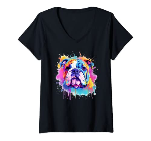 Mujer Bulldog Inglés Amante de los Perros Acuarela Vaporwave English Bully Camiseta Cuello V