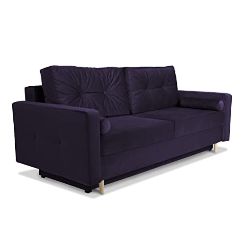 Sofa cama 215x70 cm (superficie para dormir 190x150 cm) morado oscuro - con almacenamiento de ropa de cama, 2 cojines, terciopelo - sofa 3 plazas, cama plegable, sofas salon, decoracion hogar