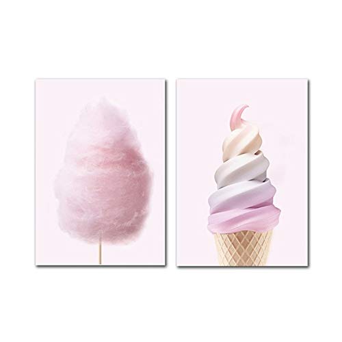 Carteles e impresiones Helado rosa Algodón de azúcar Lienzo Pintura Imagen de pared moderna para habitación de niña Decoración de tienda de postres-50x70cm Sin marco