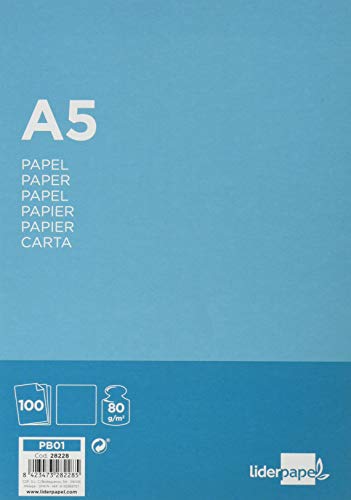 Papel liderpapel a5 80g/m2 liso paquete de 100 hojas