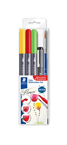 STAEDTLER Design Journey 3001STB5-2 - Easy Watercolour Set. Estuche con 3 rotuladores doble punta, 1 pigment liner y 1 pincel. REGALO de punto de libro