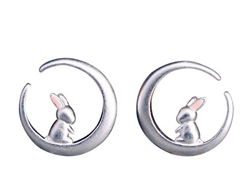 NicoWerk Pendientes de plata de ley 925 para mujer, diseño de conejo, animales, mate, luna redonda SOS274