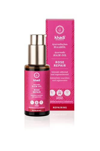 Khadi Rose Repair Aceite capilar ayurvédico, 100% Natural, Vegetal y Vegano, Tratamiento intensivo y regeneración para Cabello estructuralmente dañado, seco y Puntas Abiertas, cosmética Natural 50ml