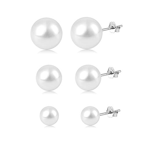 Crazy-M 3 Pares Pendientes de Perlas de Plata 925 Cuentas de Perlas Pendiente de Gota para Las Mujeres Blanco Perlas de Agua Dulce Joyería del oído 6mm / 8mm / 10mm