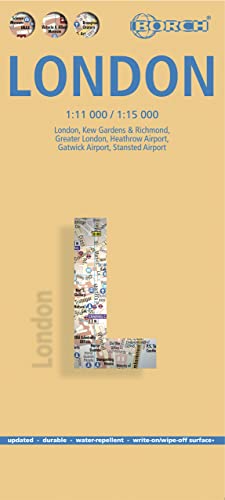 Londres, plano callejero plastificado. Escala 1:11.000/1:15.000. Borch.: London, Kew Gardens & Richmond, Greater London, Heathrow Airport, Gatwick Airport, Stansted Airport (Borch Map)
