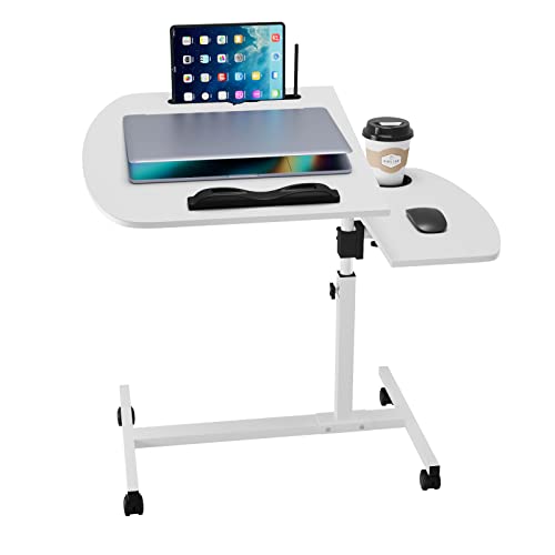 Escritorio para Ordenador Regulable Altura, Mesa Auxiliar con Ruedas, Escritorio Elevable Flip 180° y Mesa Rotación 360°, Ranura para Taza, Soporte de Lectura, Mesa Portatil Sofá Cama, Blanco