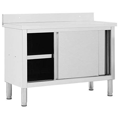 Banco de trabajo de acero inoxidable, 120 x 50 x 95 cm, mesa de trabajo con 2 puertas correderas con espacio para guardar objetos para cocina, restaurante, hotel, etc.