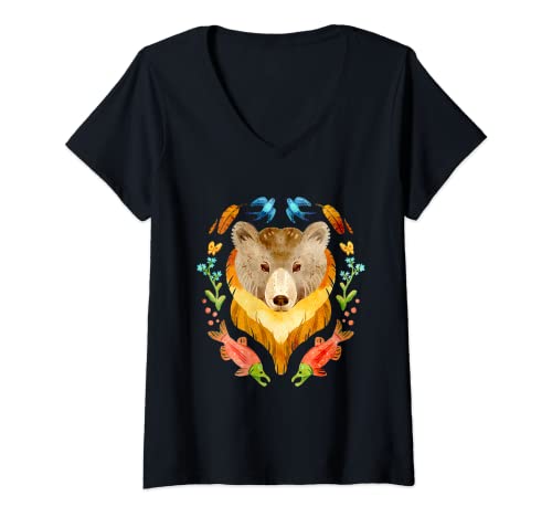 Mujer Oso Grizzly Gouache Salmón Flores Naturaleza Camping Pesca Camiseta Cuello V