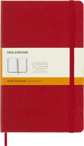 Moleskine - Cuaderno Clásico con Hojas Rayadas, Tapa Dura y Cierre Elástico, Color Rojo Escarlata, Tamaño Grande 13 x 21 cm, 240 Hojas