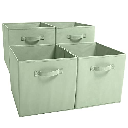 EZOWARE Set de 4 Caja de Almacenaje, Cubos Organizador de Tela Plegable, Cajas de Almacenamiento para Ropa, Juguetes, Roperos, Armarios - 33 x 37 x 33 cm - Verde Pastel