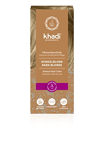 khadi DARK BLONDE tinte vegetal, coloración para cabello mate, rubio ceniza medio a rubio oscuro intenso - sin reflejos rojizos, color natural 100% vegetales y vegano, cosmética natural, 100g