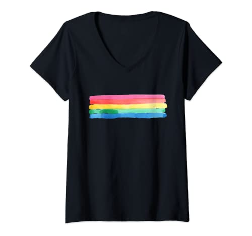 Mujer Sencillo, hermoso y audaz acuarela arco iris rayas PRIDE Camiseta Cuello V