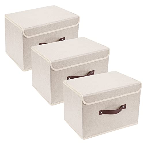 TYEERS Cajas de Almacenaje Plegables con Tapa, Cajas Organizadoras de Tela - Juego de 3 - Beige