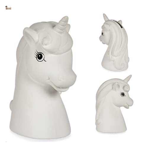 BricoLoco Kit set juego manualidades infantil para niños, niñas y adultos. Hucha cerámica unicornio para pintar. Figura decoración