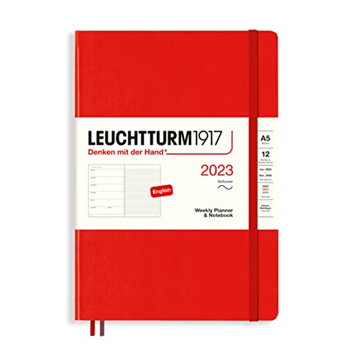 LEUCHTTURM1917 365904 - Agenda semanal y cuaderno (tamaño mediano, A5) 2023, 12 meses, color rojo, inglés