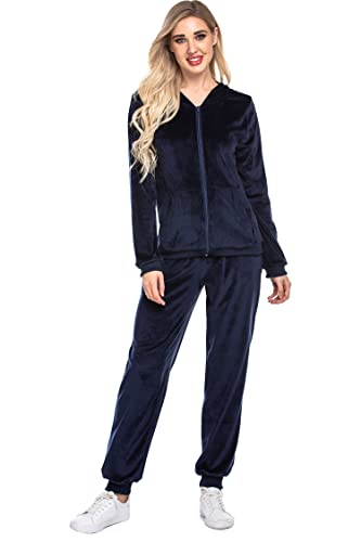 Hotouch Velour Chándal para mujer, 2 piezas, con cremallera completa, con bolsillos, para invierno, Nicki, Navy blue_a, M