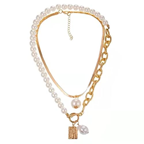 OKGD Conjunto de collar de cadena de serpiente de cobre retro con perlas barrocas y retrato cuadrado