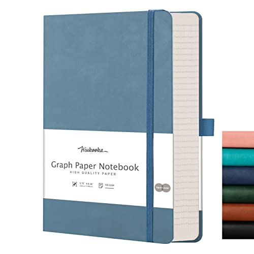 HIUKOOKA Cuaderno de papel gráfico grueso A5, 320 páginas, cuaderno cuadrado grueso con papel gráfico grueso de 100 g/m², tapa dura de piel sintética, bolsillo interior, 14,6 x 21 cm