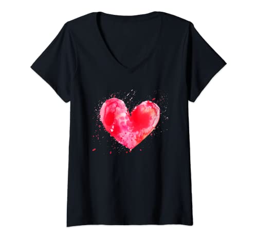 Mujer Acuarela Splash Corazón gráfico Día de San Valentín Mujeres Niñas Camiseta Cuello V