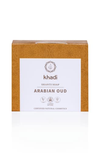 khadi ARABIAN OUD Shanti Soap, jabón natural elaborado con manteca de cacao nutritiva, aceite de coco y de almendras, 100% natural, vegetal, vegano, sin siliconas ni sulfatos, Cosmética Natural 100g