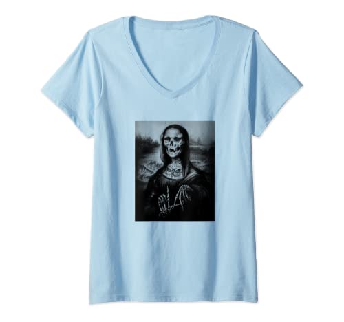 Mujer Mona Lisa - Pintura blanca y negra de Michel Angelo, color oscuro Camiseta Cuello V