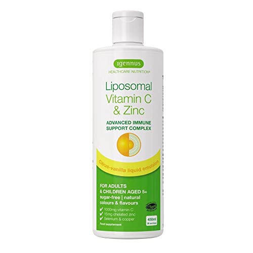 Vitamina C Liposomal Complex de 1000 mg con Zinc, Cobre y Selenio, complejo líquido para el refuerzo inmunológico para adultos y niños, sabor a cítricos y vainilla, 30 dosis