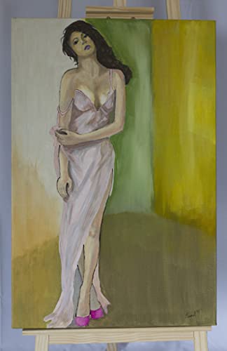 Cuadro en lienzo pintado a mano en colores acrílicos, titulado Mujer en rosa de medidas 92x60x2 cm. No necesita marco. Artista Ernest Carneado Ferreri