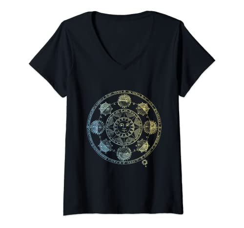 Mujer Ilustración de litografía del zodiaco del sol, magia, ocultista Camiseta Cuello V
