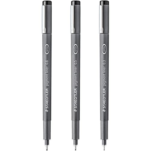 STAEDTLER 308 Pigment Liner Fineliner Pen – 0,3 mm, 0,5 mm, 0,8 mm, tinta negra, paquete de 3