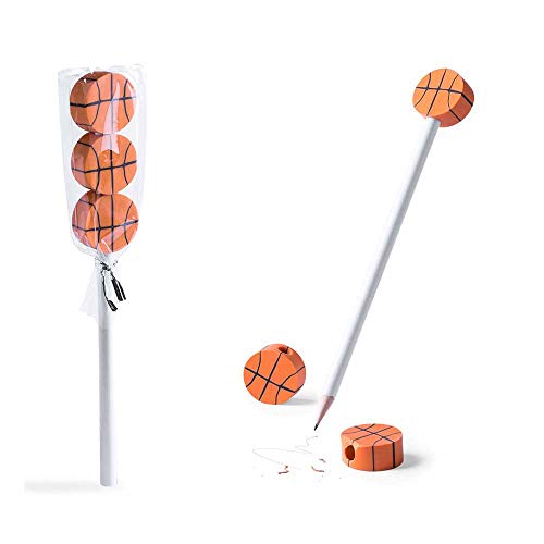 Lote 30 lápices con 3 Gomas de borrar balón de Baloncesto. Regalos Infantiles para Todo Tipo de Eventos.