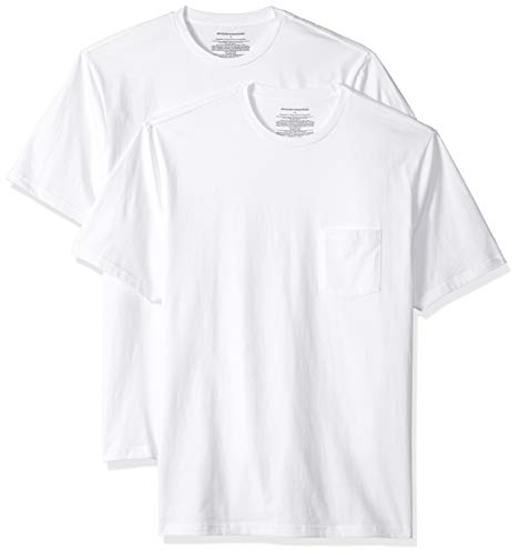 Amazon Essentials Camiseta de Manga Corta con Bolsillo, Cuello Redondo y Corte Recto Hombre, Pack de 2, Blanco, L